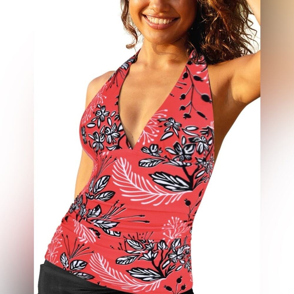 Hilor Women's Plunging V Neck Halter Swim Tops Shirred Tankini Top size 8